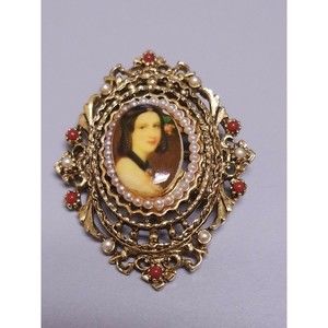 ART Gold Tone Transfer Portrait Miniature Lady Jane Erskine Brooch Pin Signed